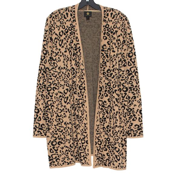 JM Collection Cardigan Sweater Leopard Animal Boho Neutral Cozy Open Brown 2X - Picture 1 of 9